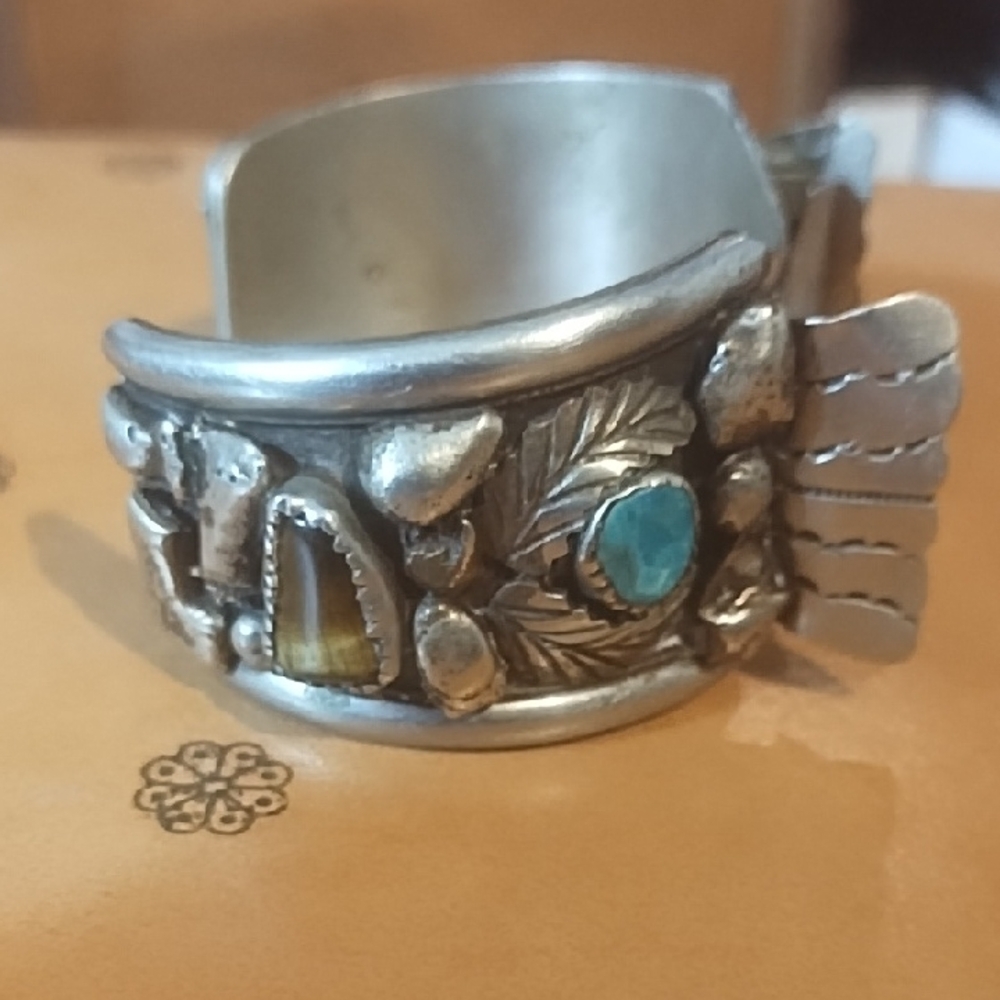 Unisex Navajo Sterling Silver Cuff Bracelet with Turquoise And Tigers Eye Stone